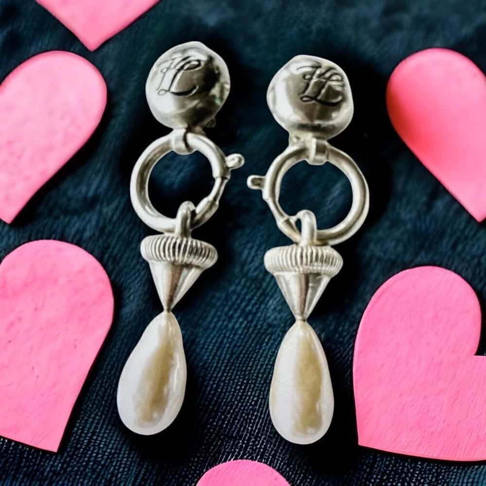 Vintage Karl Lagerfeld silver logo long dangle pearl clip earrings 1980’s runway